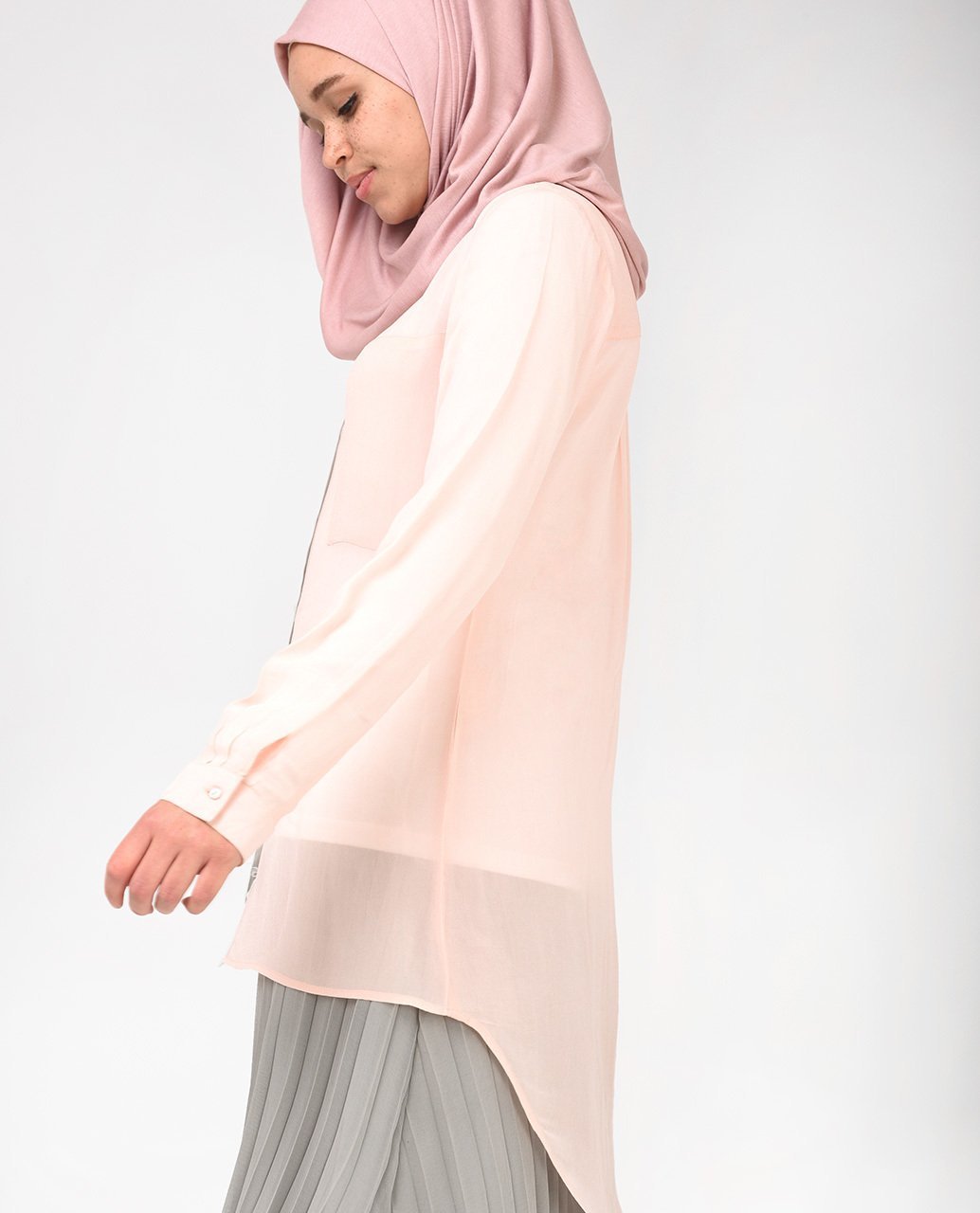 Dusky Pink Long Blouse Slim S 