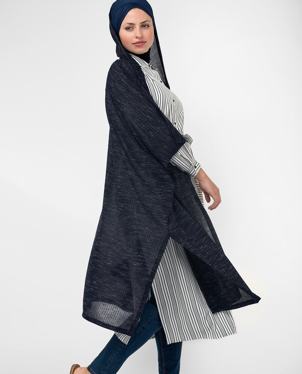 Relaxed Hooded Outerwear Kimono in Grey Print Color - ModestPath.com