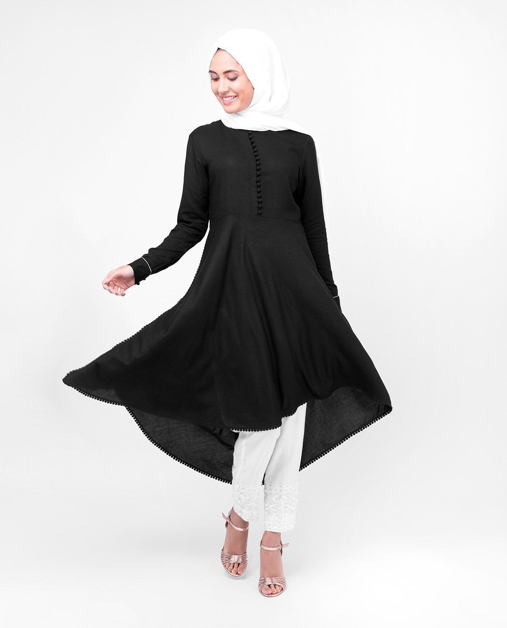 High Low Midi Black Modest Tunic Dress Small (8-10) Petite (- 5'2") Black