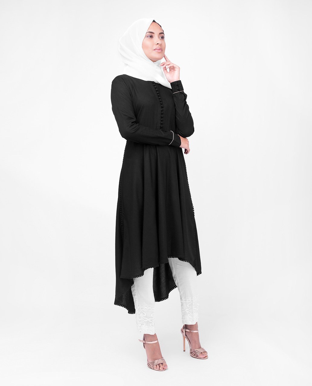 High Low Midi Black Modest Tunic Dress Small (8-10) Petite (- 5'2") Black