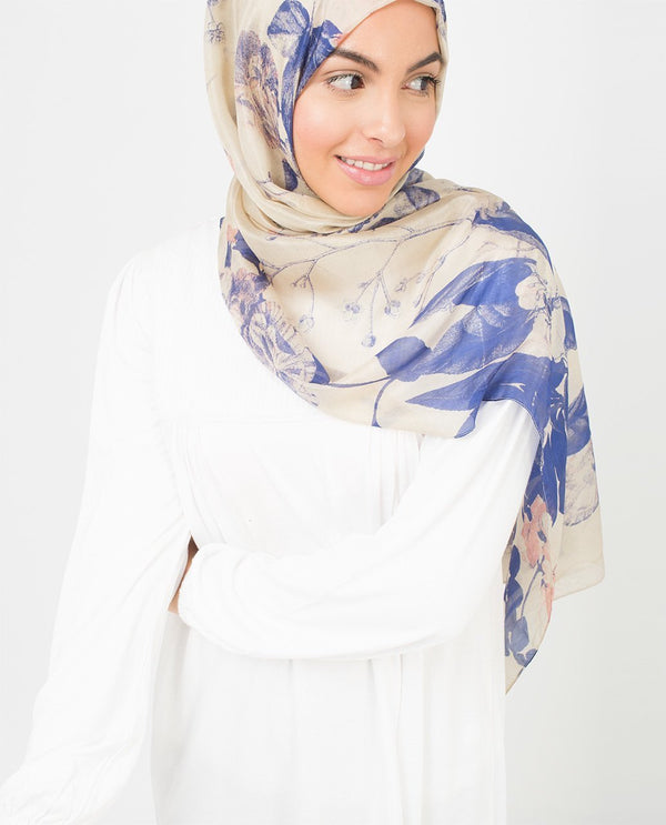Silk Hijab Scarf in Ivory and Citadel Blue Print Color - ModestPath.com