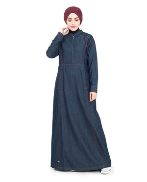 Long Zip Dark Washed Denim Abaya Jilbab S 54 Denim Blue
