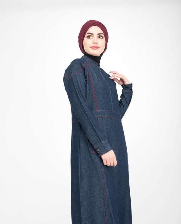 Long Zip Dark Washed Denim Abaya Jilbab Trendy Islamic Clothing ...