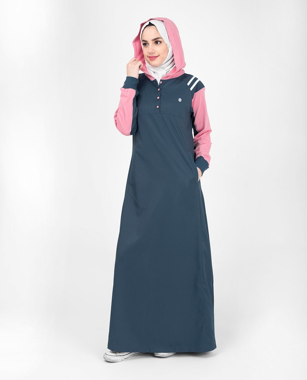 Navy Sporty Hooded Abaya or Jilbab with Contrast Pink Accent S 54 Navy