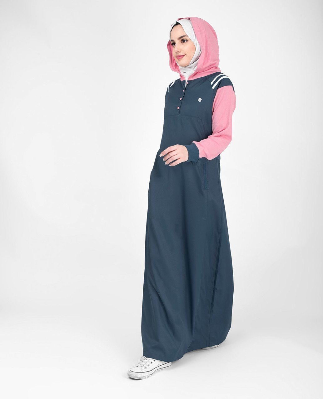 Navy Sporty Hooded Abaya or Jilbab with Contrast Pink Accent S 54 Navy