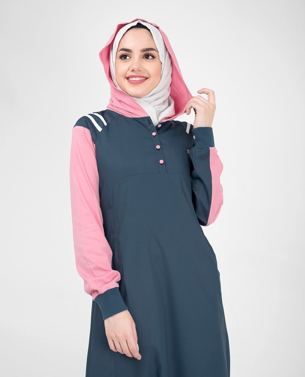 Navy Sporty Hooded Abaya or Jilbab with Contrast Pink Accent S 54 Navy