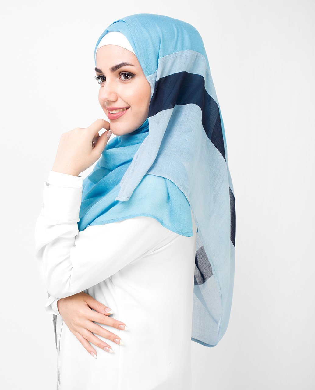 Oceanic Sky and Deep Blue Panel Printed Hijab Medium Oceanic Sky and Deep Blue 