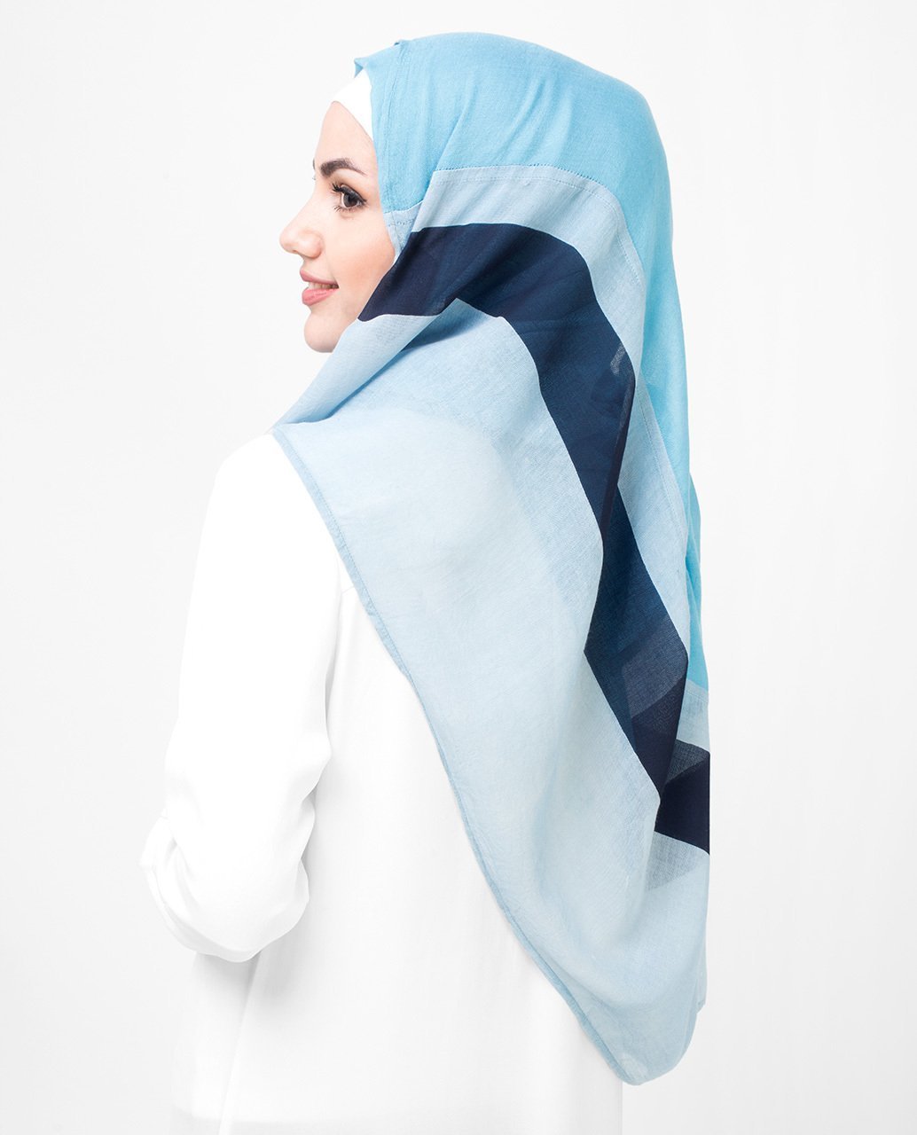 Oceanic Sky and Deep Blue Panel Printed Hijab Medium Oceanic Sky and Deep Blue 