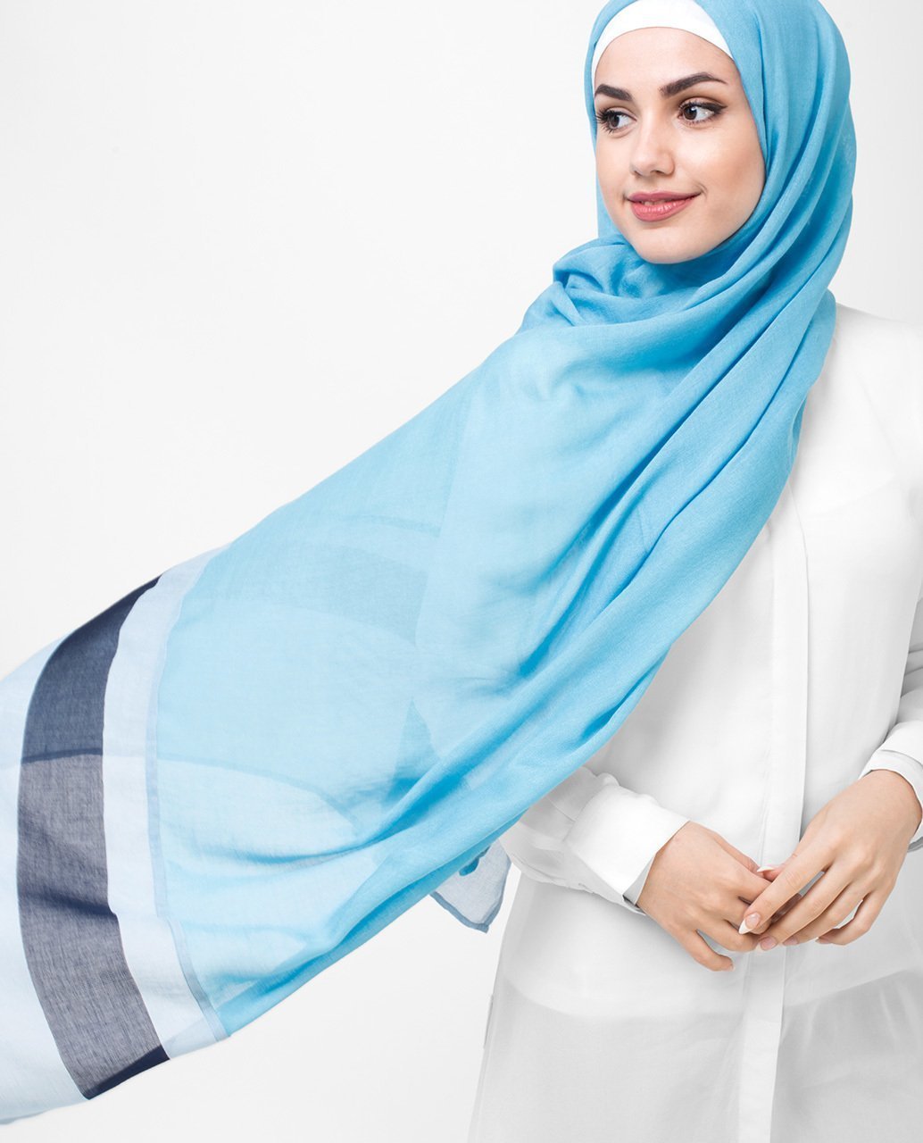 Oceanic Sky and Deep Blue Panel Printed Hijab Medium Oceanic Sky and Deep Blue 