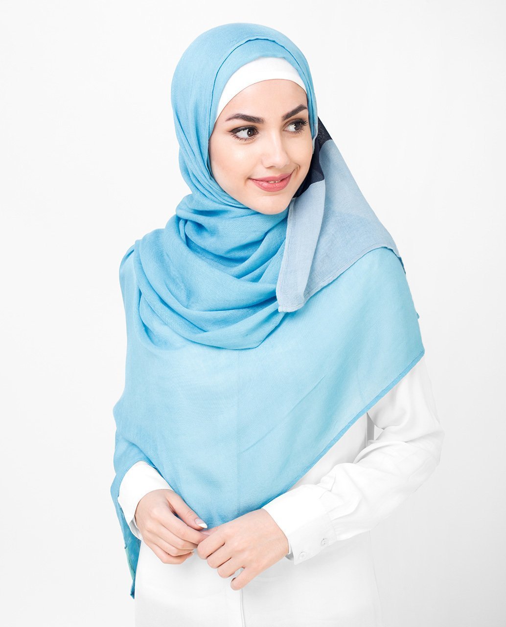 Oceanic Sky and Deep Blue Panel Printed Hijab Medium Oceanic Sky and Deep Blue 