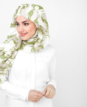 Olive and White Printed Viscose Hijab Regular 