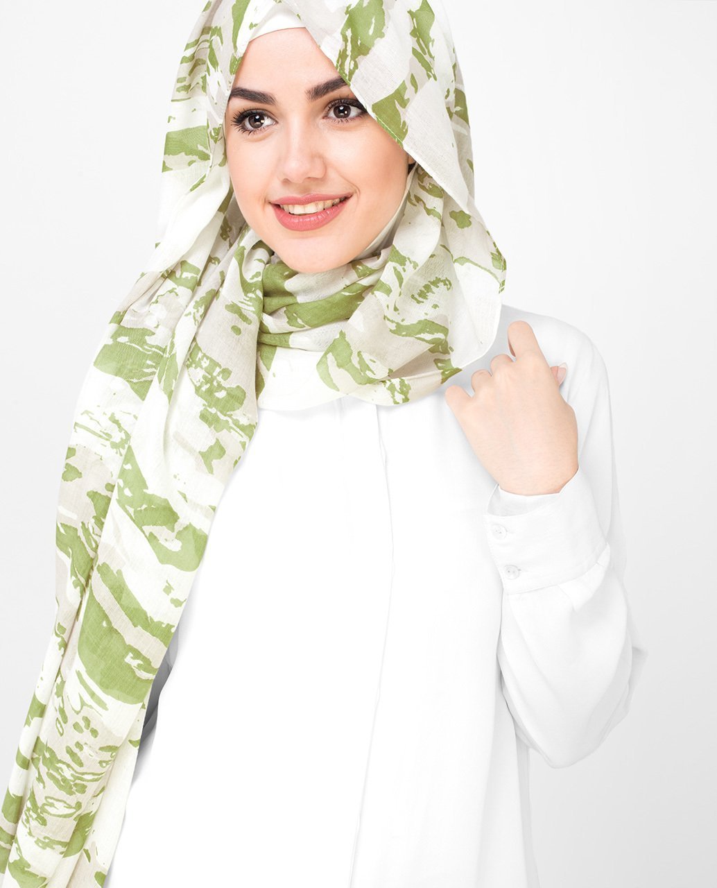 Olive and White Printed Viscose Hijab Regular 