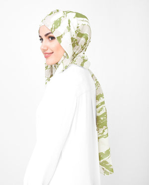 Olive and White Printed Viscose Hijab Regular 