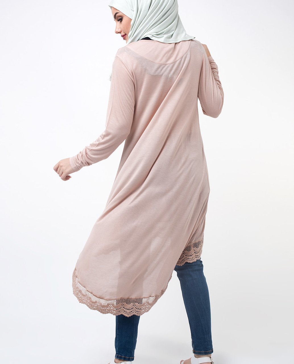 Peach Lace Dipped Hem Modest Top Small (8-10) Petite (- 5'2") Peach