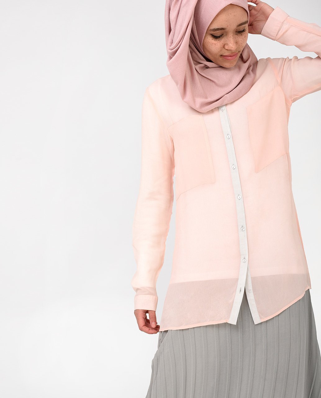 Pink Button Up Blouse Slim 