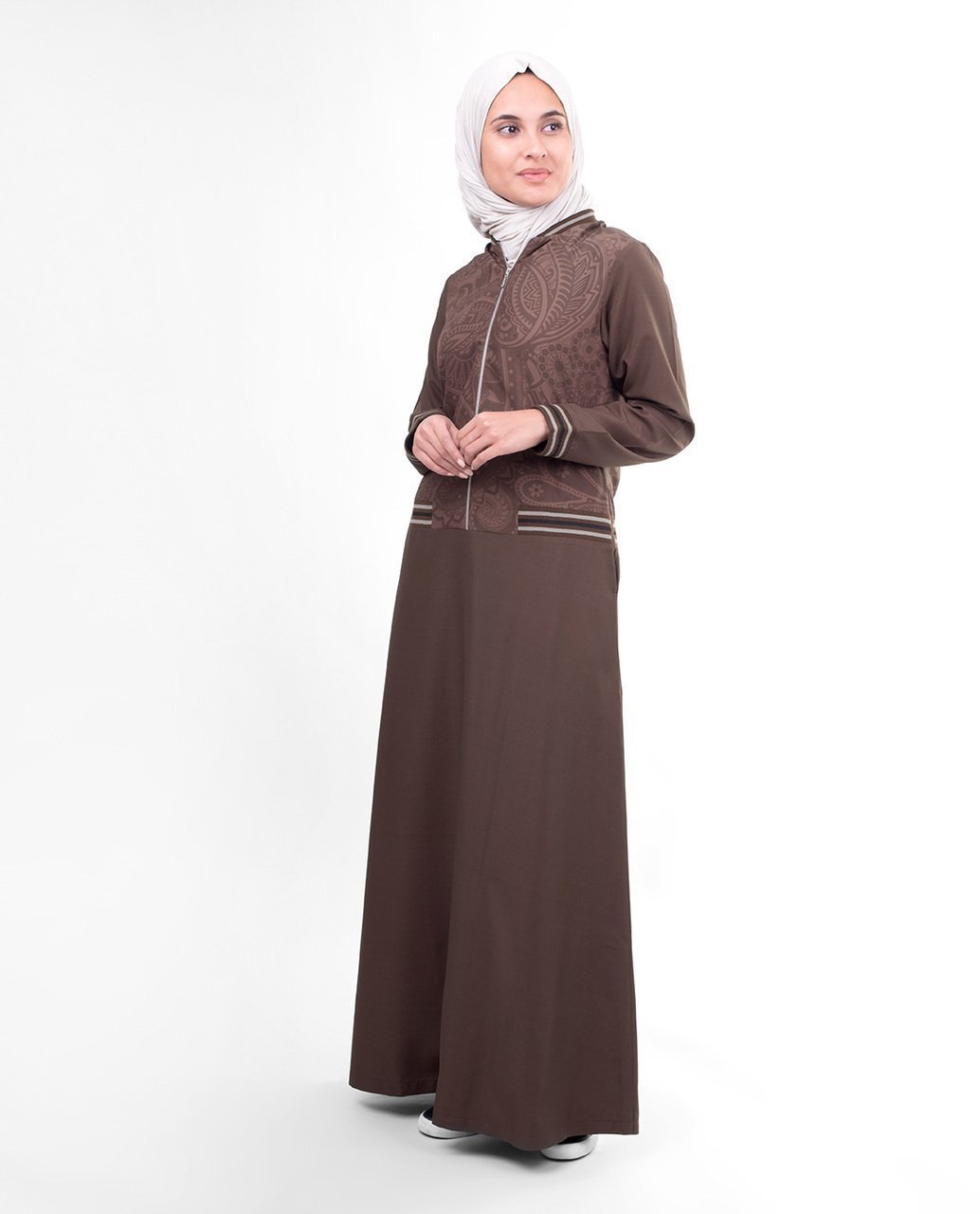 Practical and Beautiful Brown Flared Paisley Print Abaya Jilbab S 54 Brown