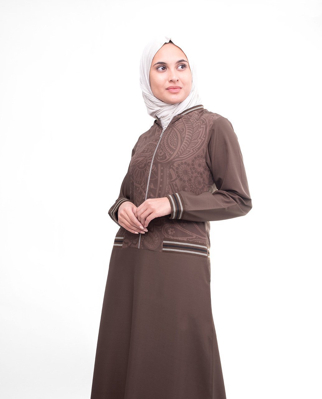 Practical and Beautiful Brown Flared Paisley Print Abaya Jilbab S 54 Brown