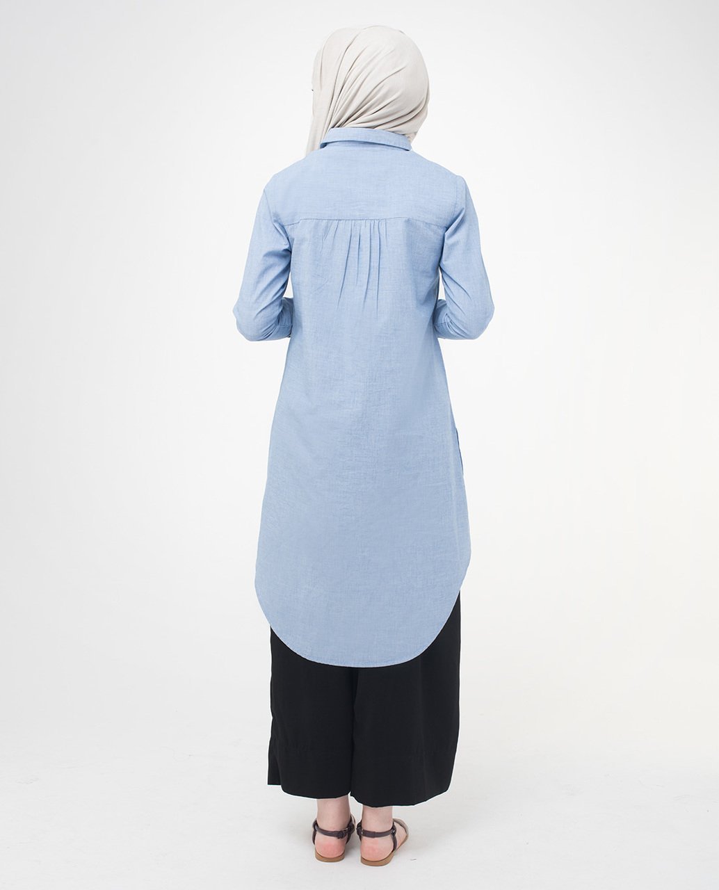 Cotton Chambray Smart Casual Shirt Dress in Blue Color - ModestPath.com