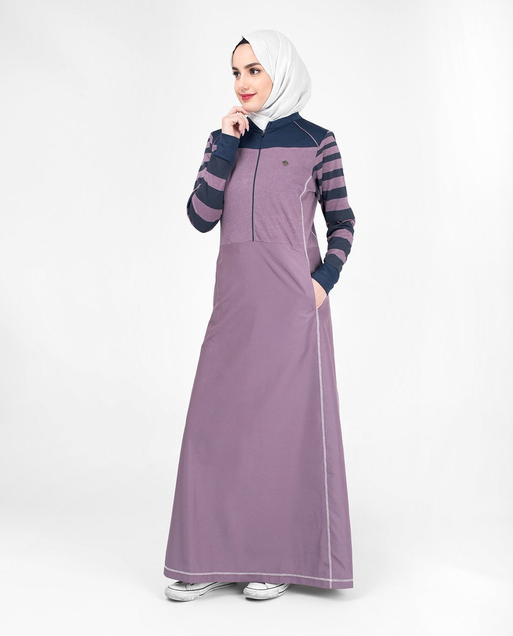 Striped Contrast Arm Casual Abaya Jilbab S 54 Purple