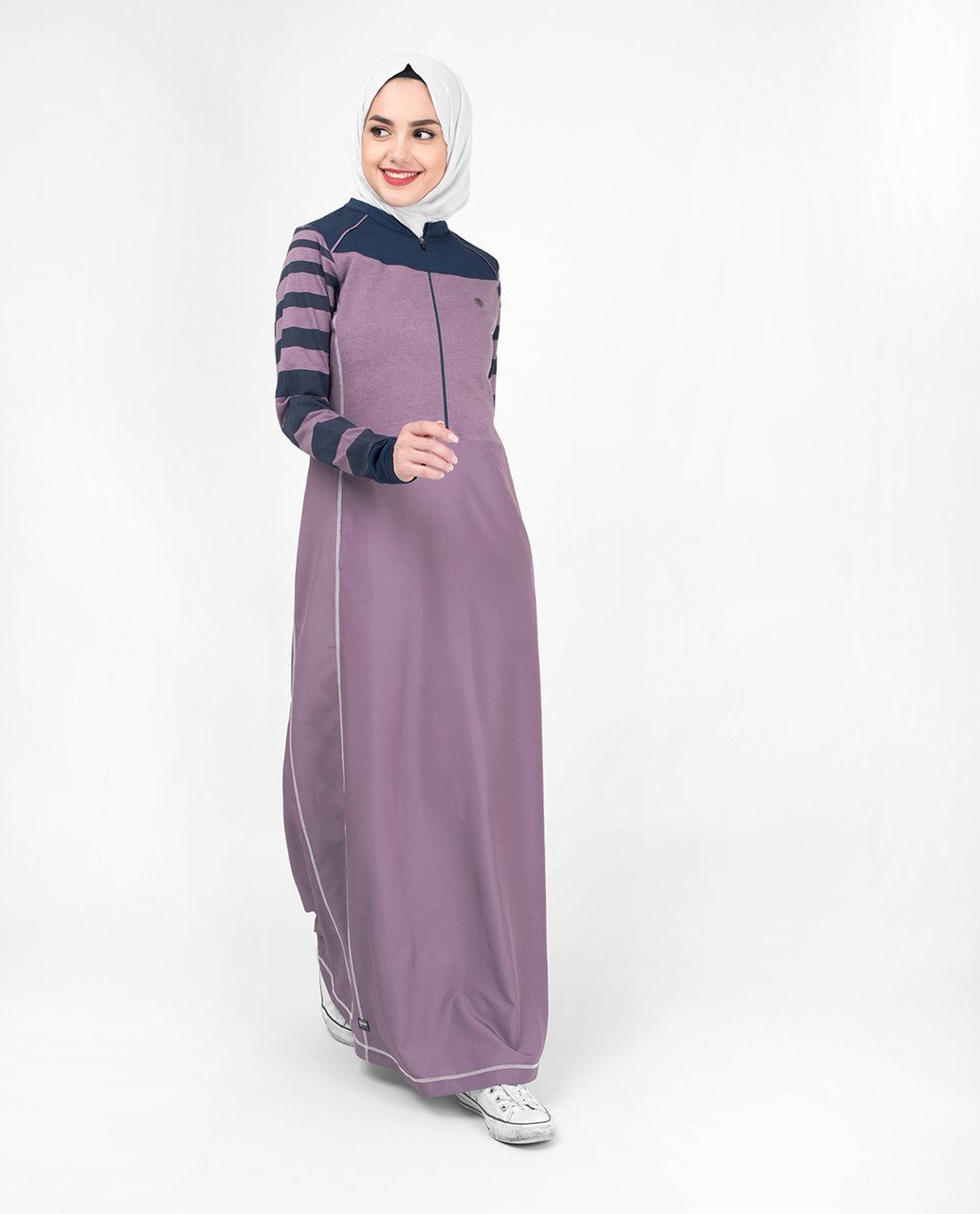 Striped Contrast Arm Casual Abaya Jilbab S 54 Purple