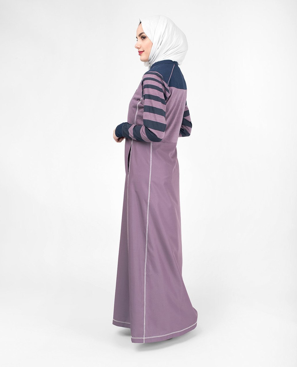 Striped Contrast Arm Casual Abaya Jilbab S 54 Purple