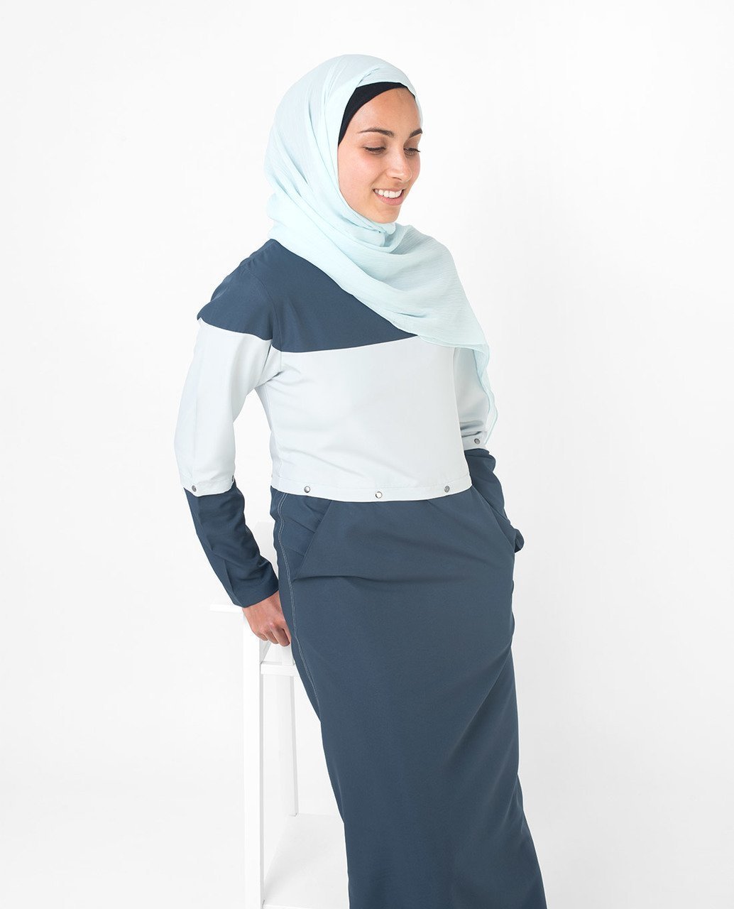 Trendy Detachable Blue Color Blocking Abaya Jilbab S 54 Denim Blue